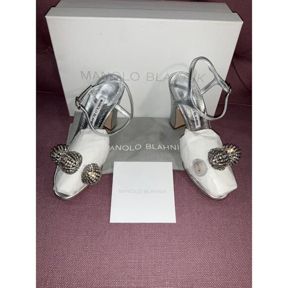 Manolo Blahnik Elhob 105 Leather Sandal in Silver 36.5 with Box Womens High Heel - Picture 6 of 15
